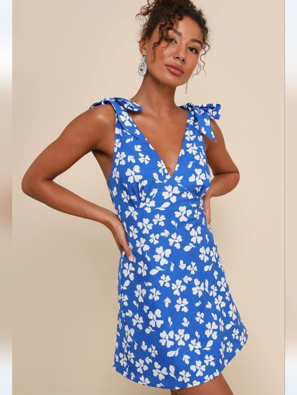 Lulus Bright Affection Blue Floral Tie Strap Cotton Mini Dress NWT Sz S Girlhood